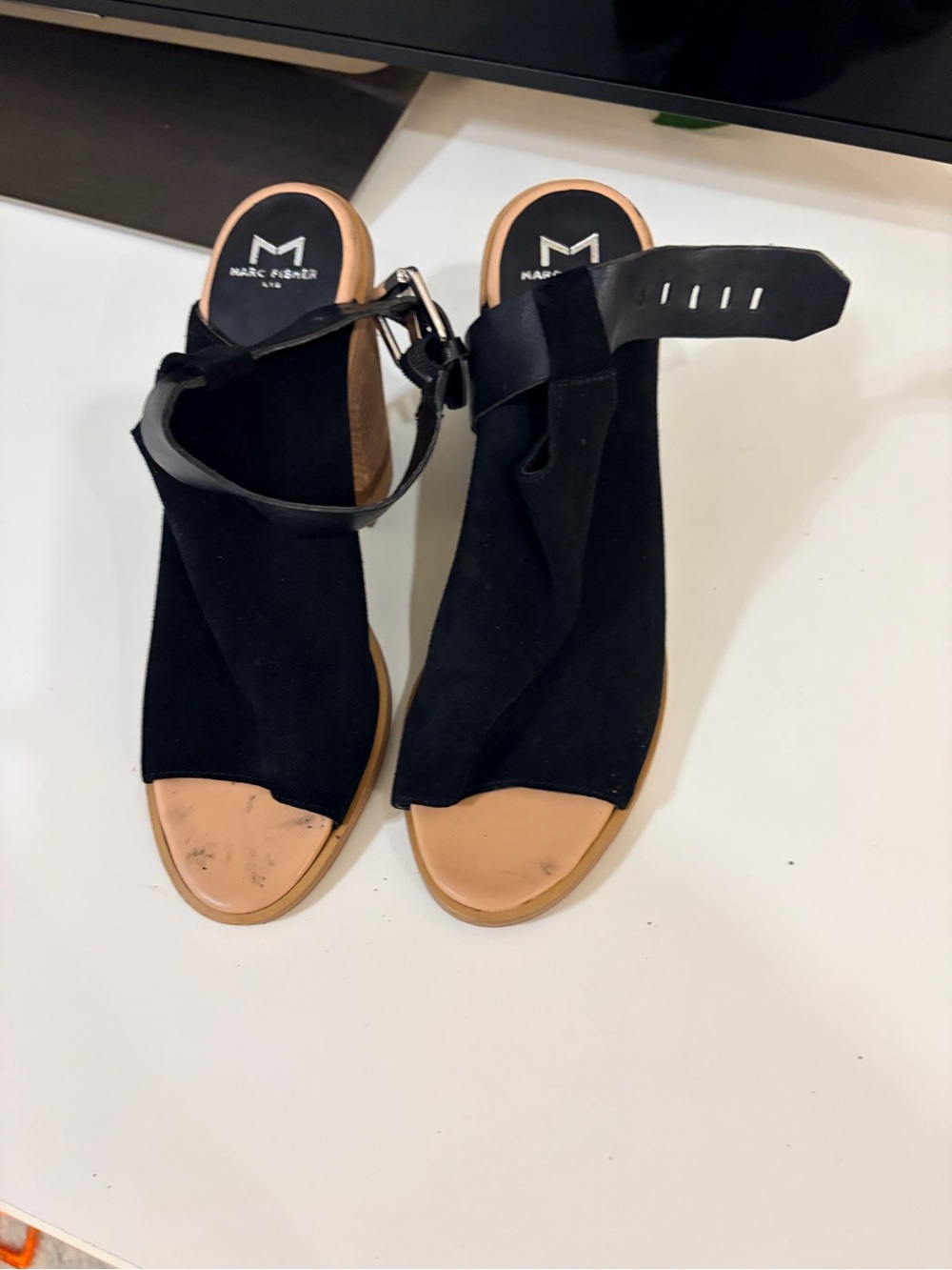 Marc Fisher Black Suede Open-Toe Ankle-Strap Sandals with Tan Footbed